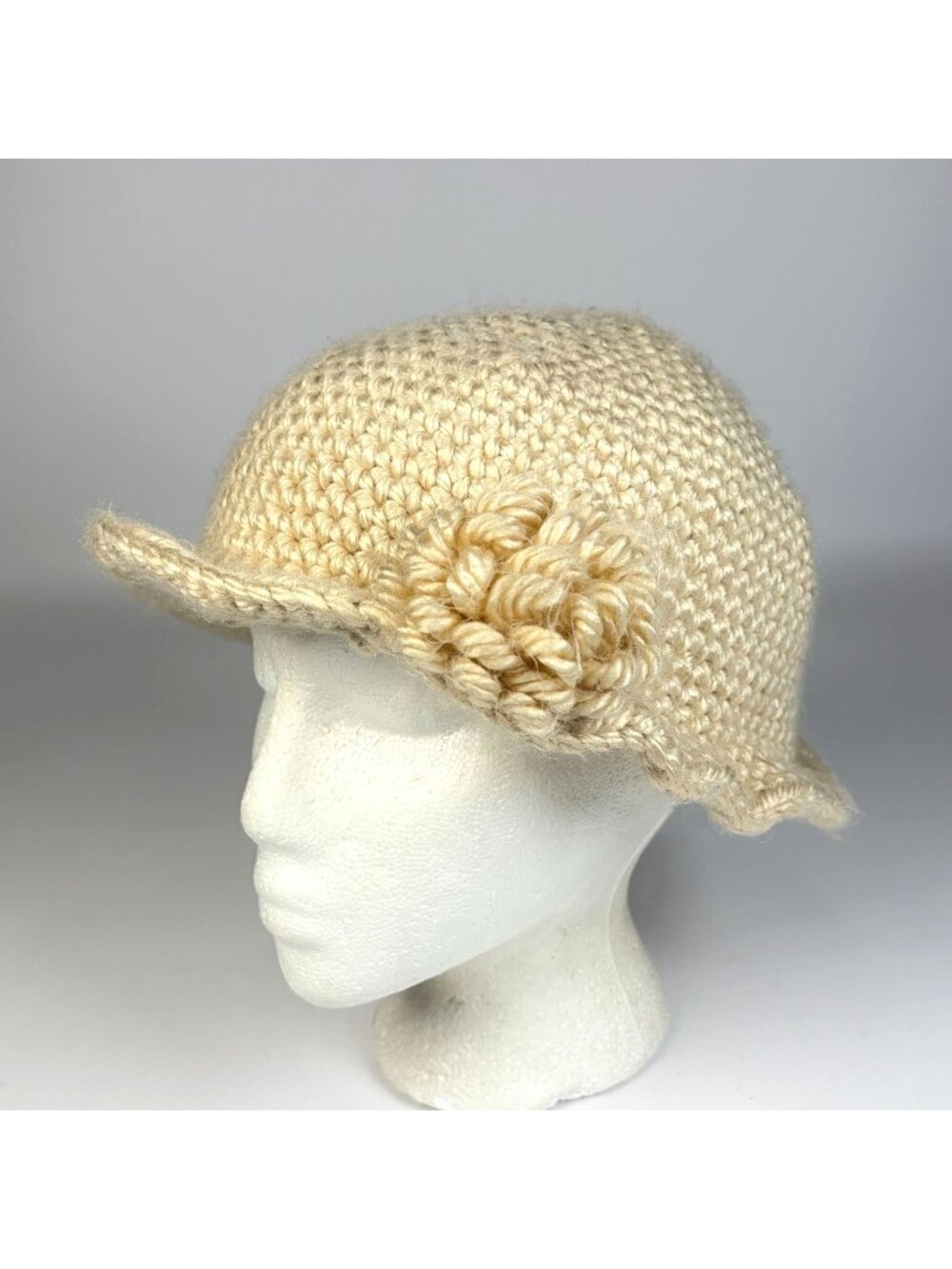 Handmade Crochet Cloche Hat Decorative Flower Accent Soft Brim Boho One Size